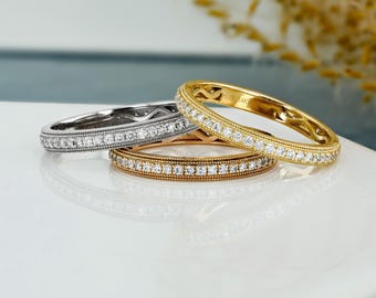 14k Solid Gold Natural Diamond Milgrain Eternity Wedding Band or Stackable Ring
