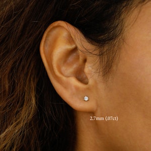 Single Half Pair Earring 14k Solid Gold Natural Diamond Low Profile Small Three Prong Minimalist Stud Earrings image 8
