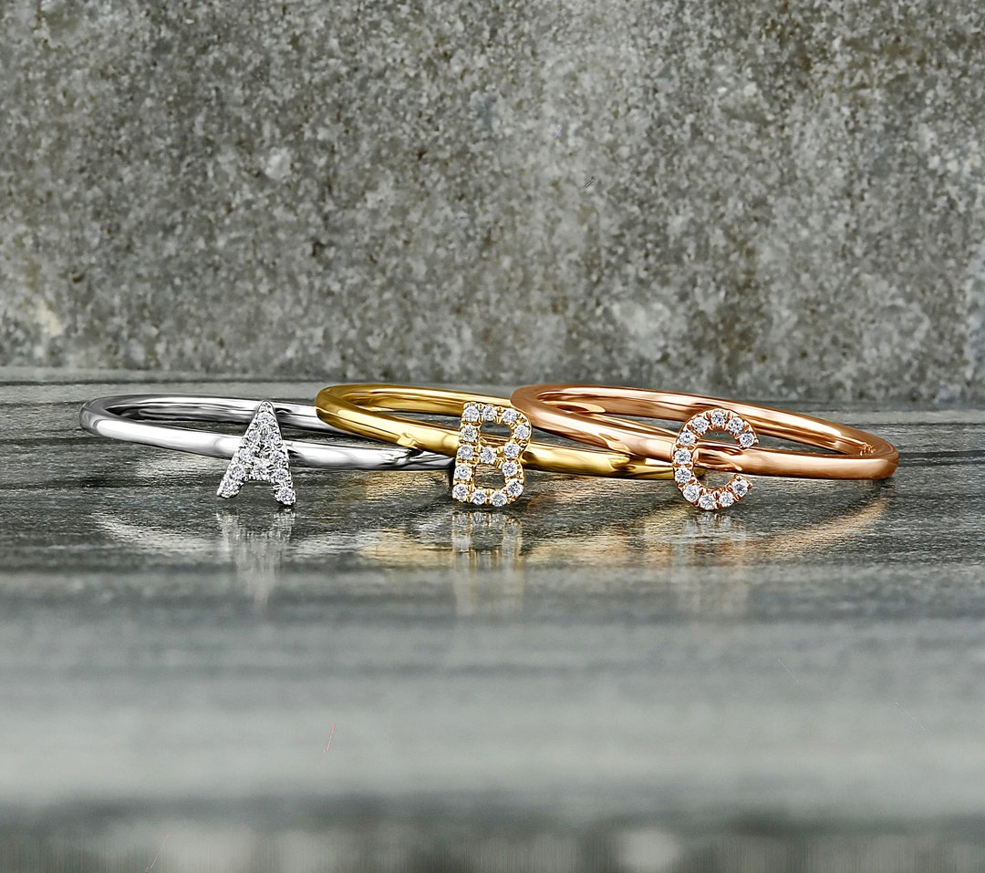 14k Gold Diamond Initial Ring: Personalized Monogram Stackable Ring - Etsy