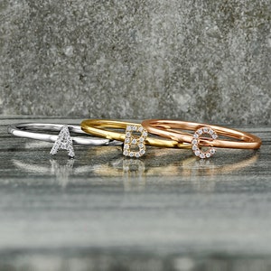 14k Gold + Genuine Diamond Initial Letter Personalized Monogram Alphabet Stack Ring w/ High Quality Diamonds for Women or Girls