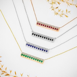 14k Gold Trapeze Bar Necklace: Diamond, Sapphire, Ruby, Emerald