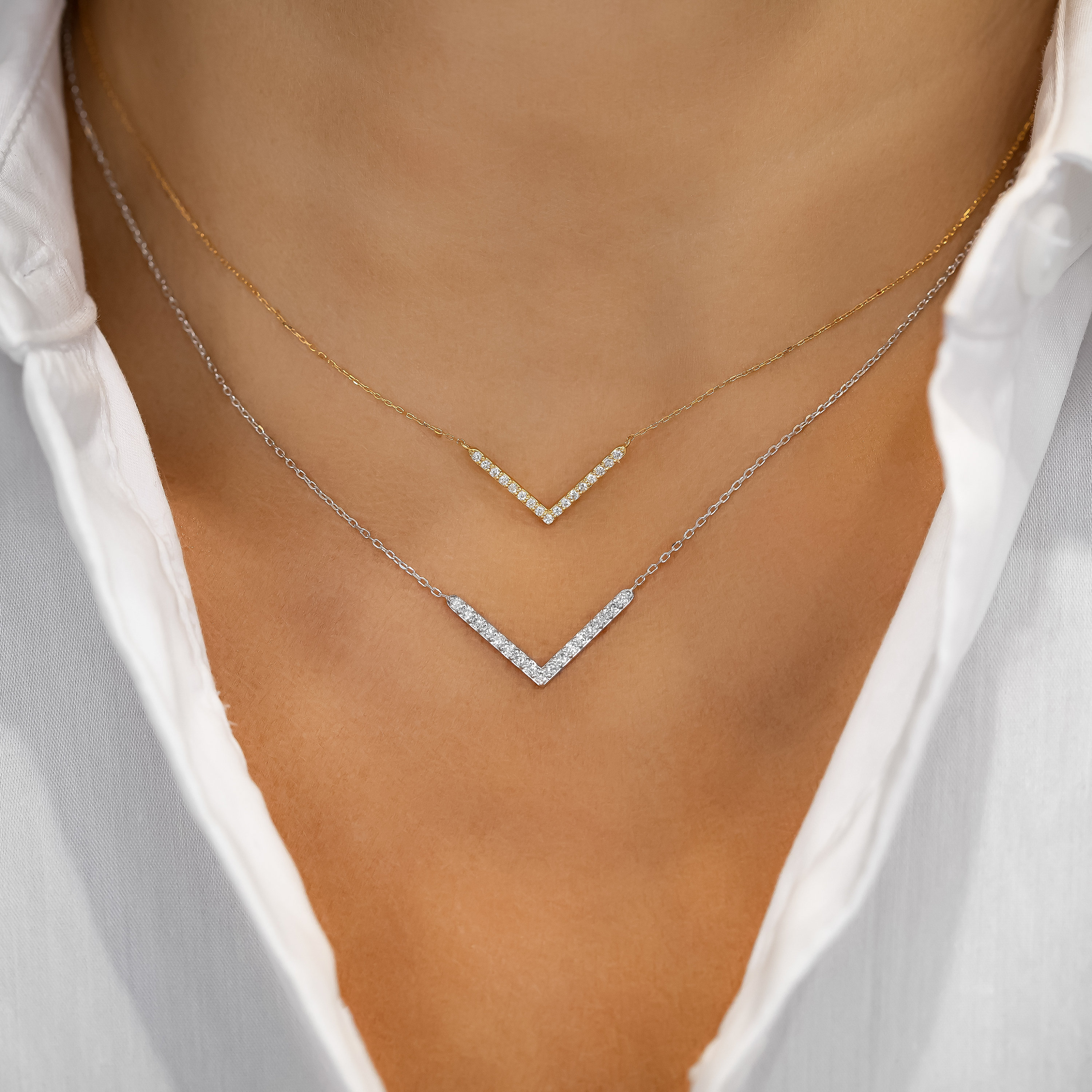 14k Gold Diamond Chevron Necklace: Adjustable V Shape