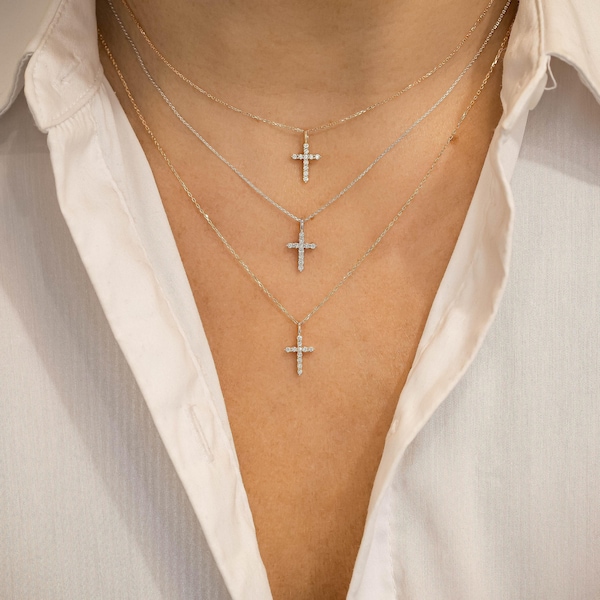 Small Diamond Cross Pendant, Adjustable Drawstring Chain Necklace, 14k Yellow, White, Rose Solid Gold, Social Value