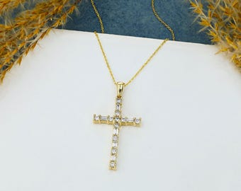 14k Solid Gold Natural Diamond Cross Pendant Necklace: Baguette & Round Diamonds