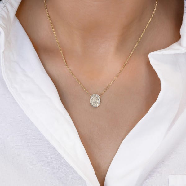 Echte Pave Diamanthalskette, Nord-Süd, Oval Disc Anhänger, 14k solid Gold, Social Quality feiner Schmuck