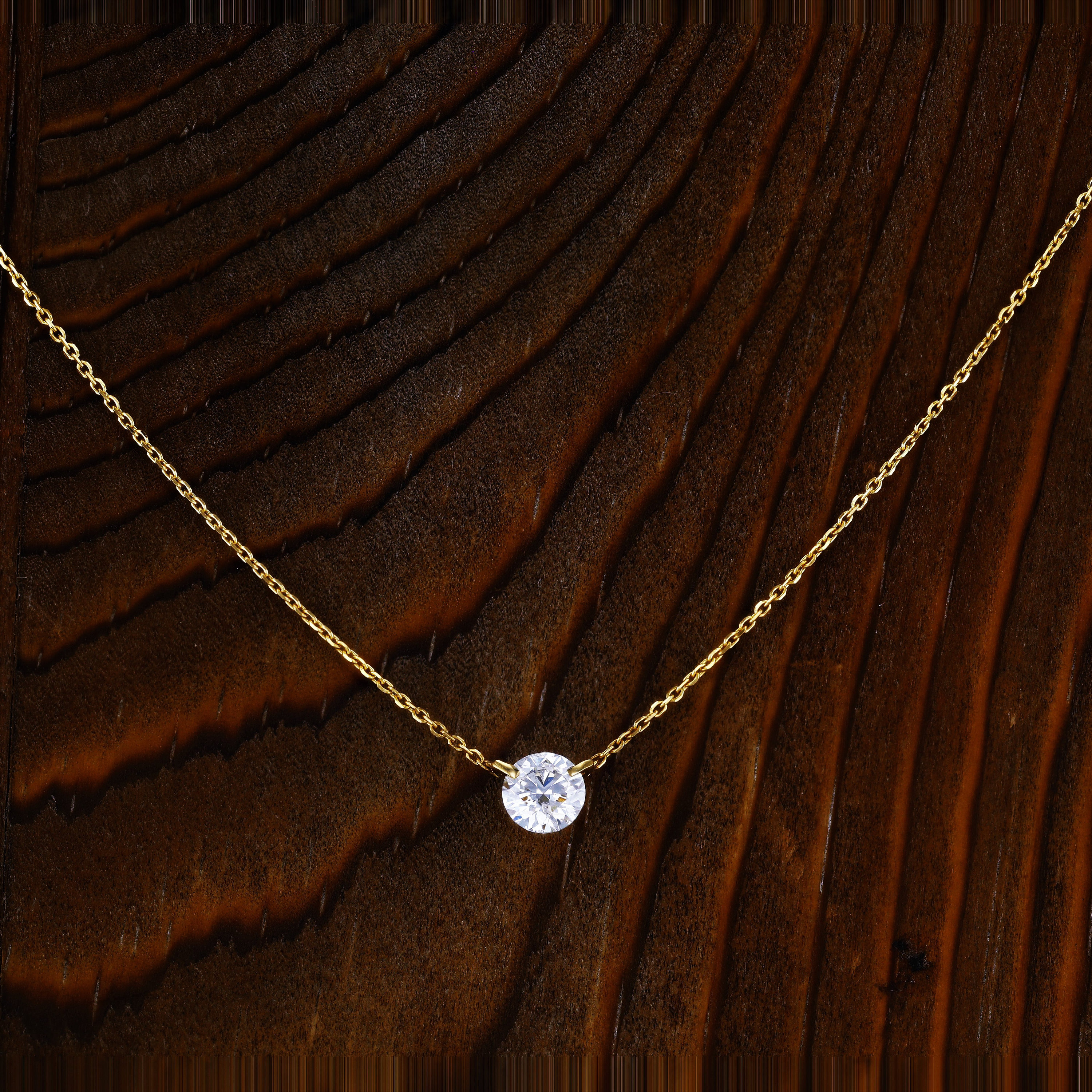 14k or 18k Solid Gold Necklace Natural Diamond Floating Solitaire with Drawstring Adjustable Chain
