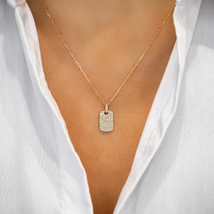 18k Gold Diamond Dog Tag Necklace: Solid Gold Pendant
