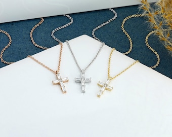 Diamond Baguettes Small Cross Necklace, 14k Solid Gold Natural, with Adjustable Chain, Religious Gift, Social Value Jewelry