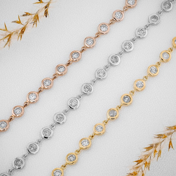 Diamond By The Yard Bracelet, 18k White, Yellow, or Rose Solid Gold, Bezel Set, Social Value Fine Jewelry