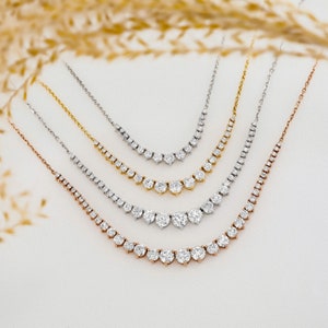 14k Solid Gold Natural Diamond Round Graduated Flexible Crescent Necklace with Adjustable Chain