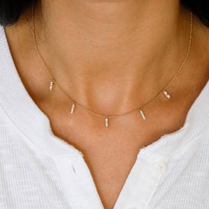 Solid 14k Gold Natural Diamond Bar Drop Choker Necklace