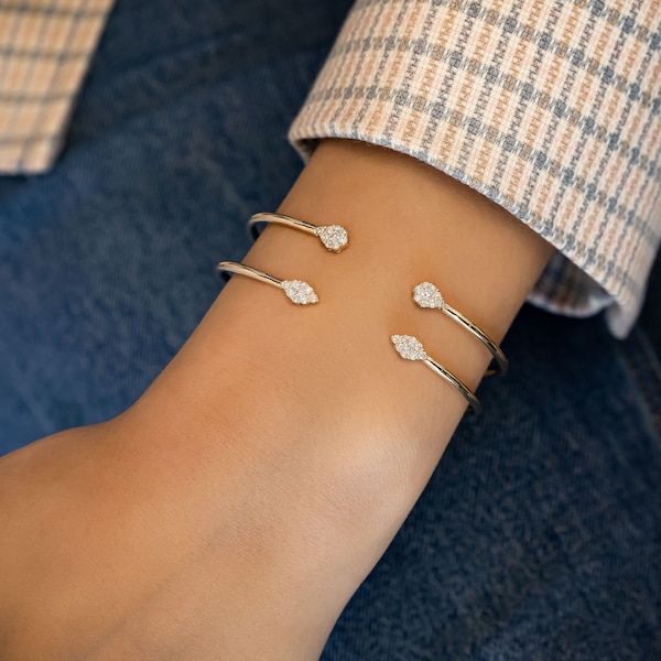 14k Gold Diamond Cuff Bangle: Open Teardrop Marquise Bracelet