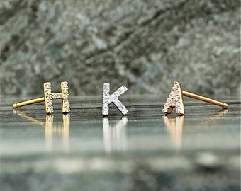 Personalized gift, Single (Half Pair) 14K or 18k Gold & Genuine Diamond Initial Monogram Custom Alphabet Mix Match Stud Earrings