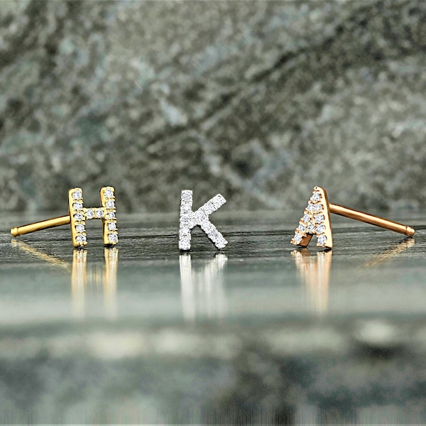 Personalized gift, Single (Half Pair) 14K or 18k Gold & Genuine Diamond Initial Monogram Custom Alphabet Mix Match Stud Earrings