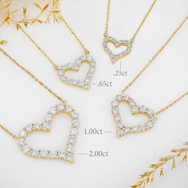 14k Solid Gold Natural Diamond Heart Classic Open Necklace