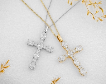 Colar com Cruz de Diamantes Sintéticos, Joia Minimalista e Moderna, Colar Delicado e Marcante, Ouro Maciço 14k Amarelo, Branco e Rosé, Valor Social