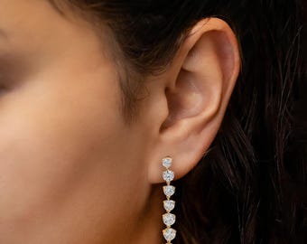 Brinco pendente com diamantes sintéticos de formato cônico, diamantes redondos sustentáveis cultivados em laboratório, ouro maciço 14k