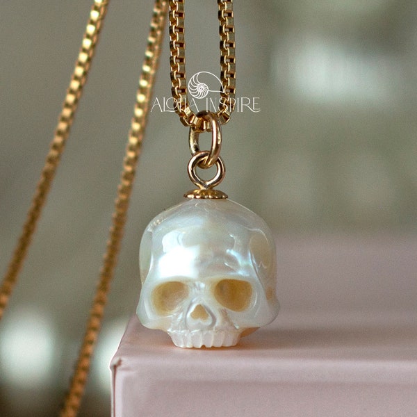 Pearl Skull Necklace 14k Gold Filled Skull Pendant Carved Pearl Pendant Gothic Jewelry White Pearl Pendant Gothic Pendant Skeleton Pendant