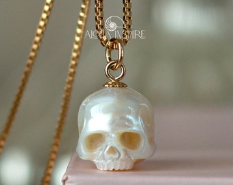 Pearl Skull Necklace 14k Gold Filled Skull Pendant Carved Pearl Pendant Gothic Jewelry White Pearl Pendant Gothic Pendant Skeleton Pendant