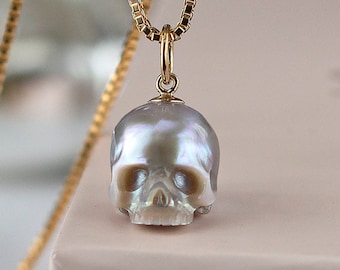 Gray Pearl Skull Necklace, Gothic Memento Mori Pendant