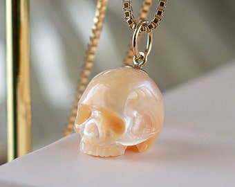 Peach Pearl Skull Pendant Necklace, Gothic Jewelry
