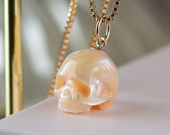 Peach Pearl Skull Necklace Skull Pendant Carved Pearl Pendant Gothic Jewelry Peach Pearl Pendant Gothic Pendant Skeleton Pendant