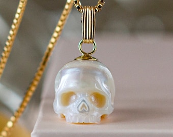White Pearl Skull Pendant Necklace, Gothic Memento Mori Jewelry