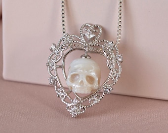 Carved Pearl Skull Pendant, Sterling Silver Gothic Necklace