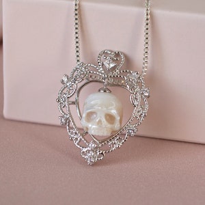 Pearl Skull Necklace 925 Silver Skull Pendant Carved Pearl Pendant Gothic Jewelry White Pearl Pendant Gothic Pendant Skeleton Pendant