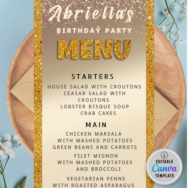 Event Menu Card Example Editable Gold Glitter Birthday Dinner Menu Event Place Card, Printable ...