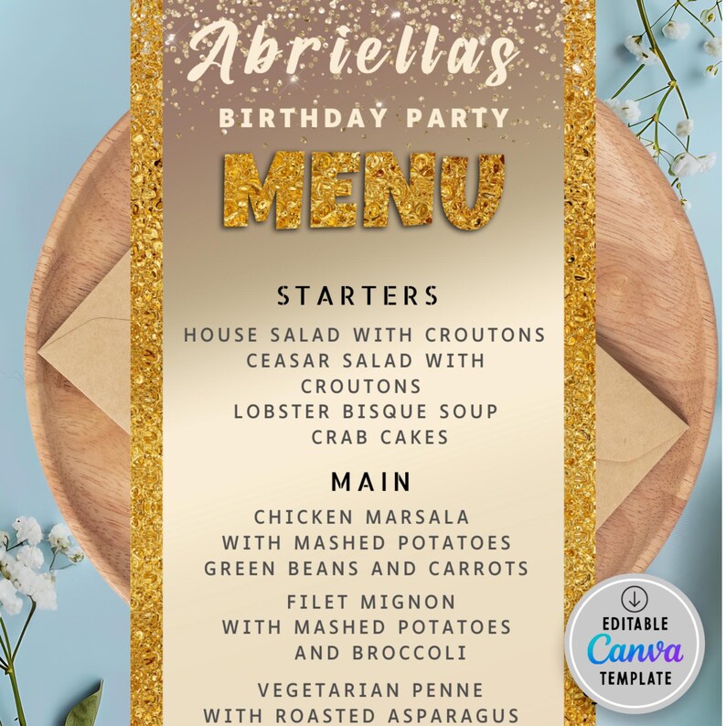 Editable Gold Glitter Birthday Dinner Menu Event Place Card Printable Editable Gold Glitter Birthday Dinner Menu Event Place Card Printable