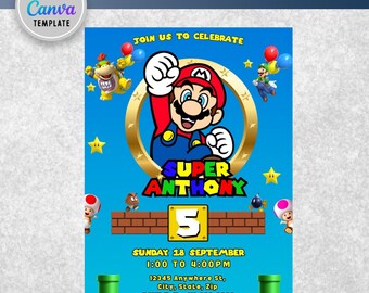 Mario Bros Einladung, Super Mario Geburtstagseinladung, Super Brothers Junge einladen, Videospiel, Kind einladen, bearbeitbare Vorlage, bearbeitbare Canva