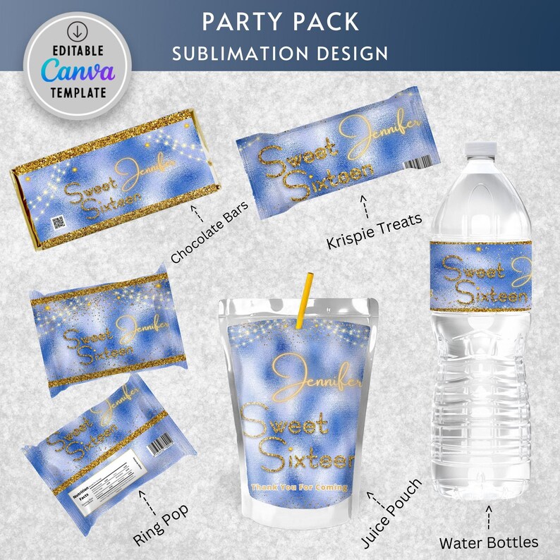 Editable Royal Blue Silver Birthday Invitation Bundle Glitter Sweet 16 ...