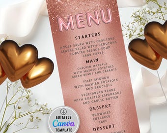 Modèle de carte de menu modifiable en or rose | Carte de menu goutte à goutte scintillante or rose | Cartes de menu pour le dîner d'anniversaire | Imprimable | Modifiable dans Canva dp177