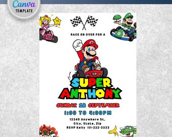 Super Mario Geburtstagseinladung Super Mario Mario Kart Super Mario Bros Kid Invite Bearbeitbare Einladung Canva Template Mario Bros