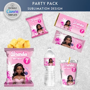 Bearbeitbare Puppen-Geburtstags-Snack-Etiketten, Caprisun, Reis-knusprige Leckerei, Hershey-Bar, Wasserflasche & Chip-Beuteldesign, Sublimationsdesign Png Canva