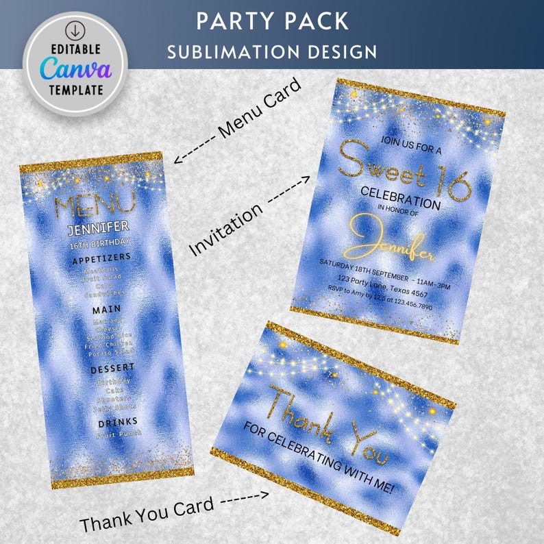 Editable Royal Blue Silver Birthday Invitation Bundle Glitter Sweet 16 ...
