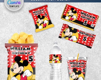 Etiquetas para fiesta de Mickey Mouse: Bolsas para papas fritas, bolsas de recuerdos, jugos, botellas de agua, chocolates y snacks de frutas. DESCARGA DIGITAL.