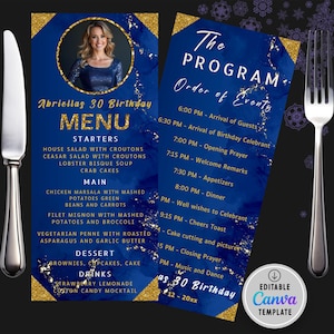 Menu d'anniversaire modifiable élégant bleu paillettes et modèle de carte de programme, ordre des événements, carte de remerciement, imprimable, téléchargement immédiat