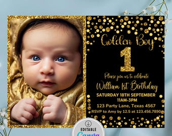 Editable Golden birthday invitation Boys golden birthday invitation Gold glitter birthday invitation Golden birthday invite for boy Any age