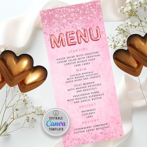 Editable Pink Rose Gold Glitter Balloons Birthday Dinner Menu Card, Printable Event Menu and Drink Card, Editable Template, Instant Download