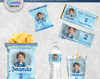 May include: A party pack of printable sublimation designs featuring a winter wonderland theme. The designs include a chip bag, a candy bar wrapper, a water bottle label, a juice box label, and a favor tag. Each design features a blue and white background with snowflakes and glitter, and includes the text "Winter Wonderland" and "Happy Birthday".