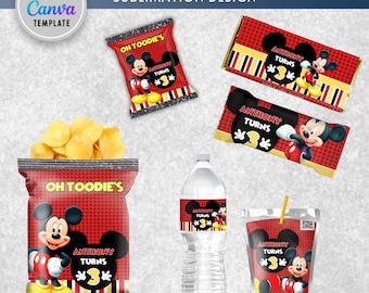 Etiquetas para fiesta de Mickey Mouse: Bolsas para papas fritas, bolsas de recuerdos, jugos, botellas de agua, chocolates y snacks de frutas. DESCARGA DIGITAL.