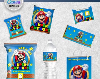 Editable Super Mario Kids Party Bundle Kit, Template Printable, kids Birthday chip bag, kids Editable labels, printable wrapper, editable