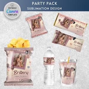 May include: A party pack of printable sublimation designs featuring a pink and gold theme with a photo frame and the text "Britney Happy Birthday 16". The designs include a chip bag, water bottle label, candy bar wrapper, juice box, and a smaller snack bag.