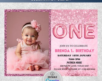 Rosa 1. Geburtstag-Einladung, Mädchen-Glitzer-Geburtstags-Einladung, Mädchen 1. Geburtstag-Einladung, rosa Folienballon-erster Geburtstag einladen-Vorlage Canva