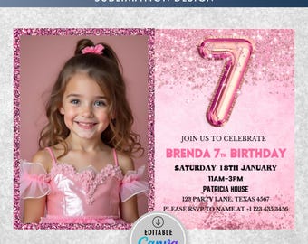 Rosa 7. Geburtstag-Einladung, Mädchen-Glitzer-Geburtstags-Einladung, Mädchen 7. Geburtstag einladen, rosa Folienballon sieben Geburtstag einladen Vorlage Canva
