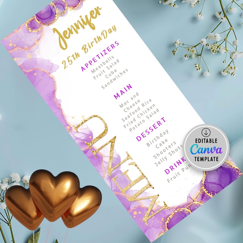 Purple Gold Birthday Menu Template: Elegant Dinner Party Editable Canva ...