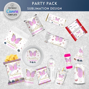 May include: A party pack sublimation design featuring a butterfly theme with pink and gold accents. The design includes labels for a variety of party supplies, such as a water bottle, a chip bag, a juice box, a candy bar, a favor bag, a plate, and a cupcake wrapper. The text on the labels reads "Charlotte's 6th Birthday".
