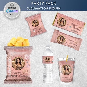 May include: A party pack of printable labels for a 50th birthday celebration. The labels feature a rose gold background with a photo frame and the text "Happy 50th Birthday Jennifer". The labels are designed for use on various party supplies, including chip bags, water bottles, chocolate bars, and juice boxes.